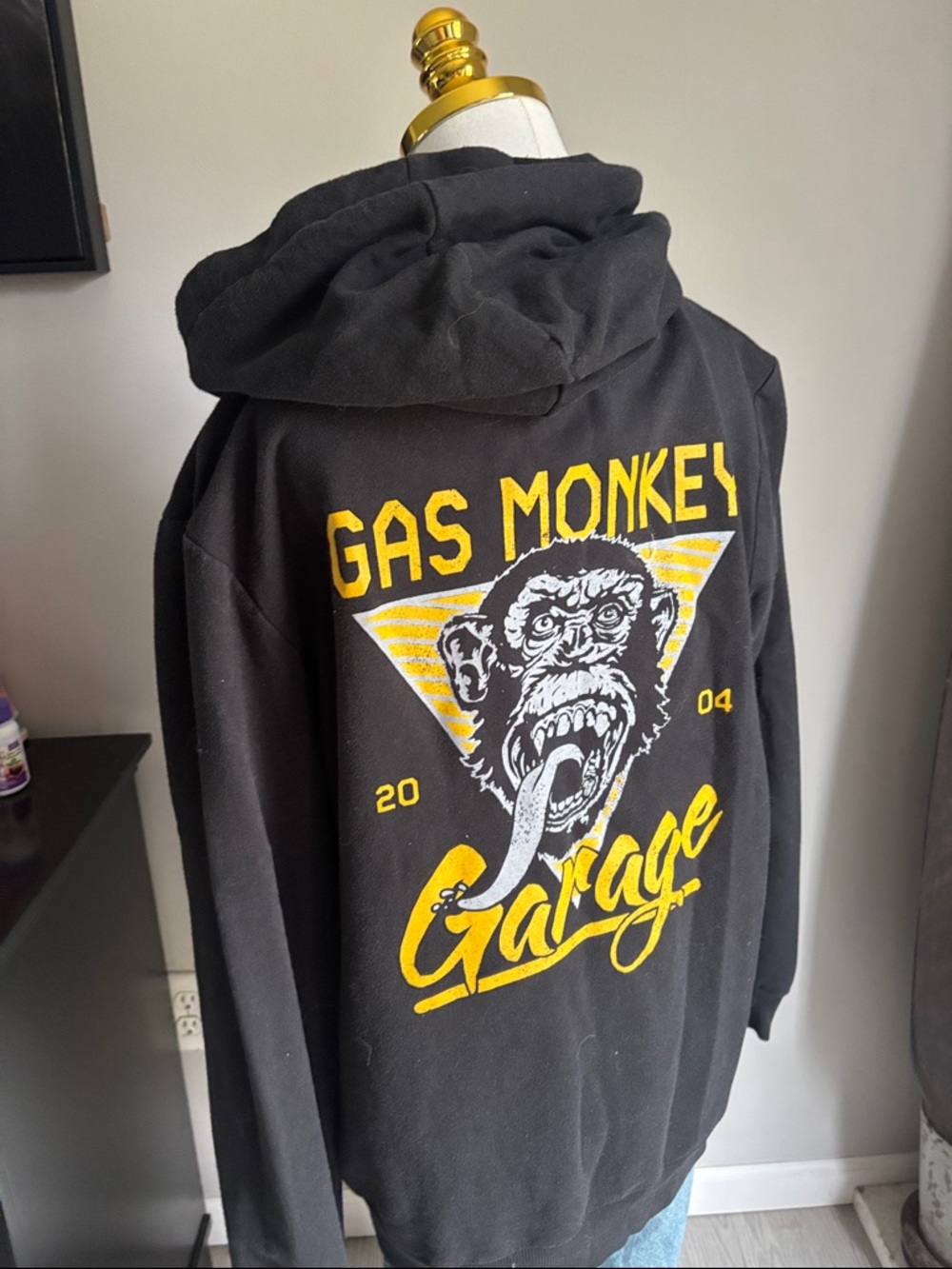 Gas Monkey Garage Men's Black Zip Hoodie with Yellow Plaid Hood Lining